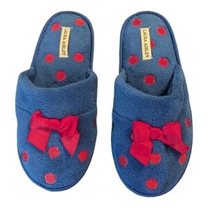 Laura Ashley Blue Pink Polka Dot Bow Soled Slippers Slip-On Women's L(8-9)